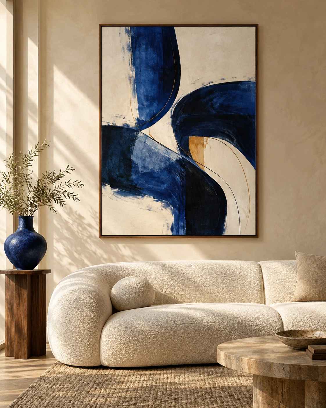 Design concept: blue abstract artwork in a walnut frame above a cream sofa. Illustrative room mockup, not a listed product.