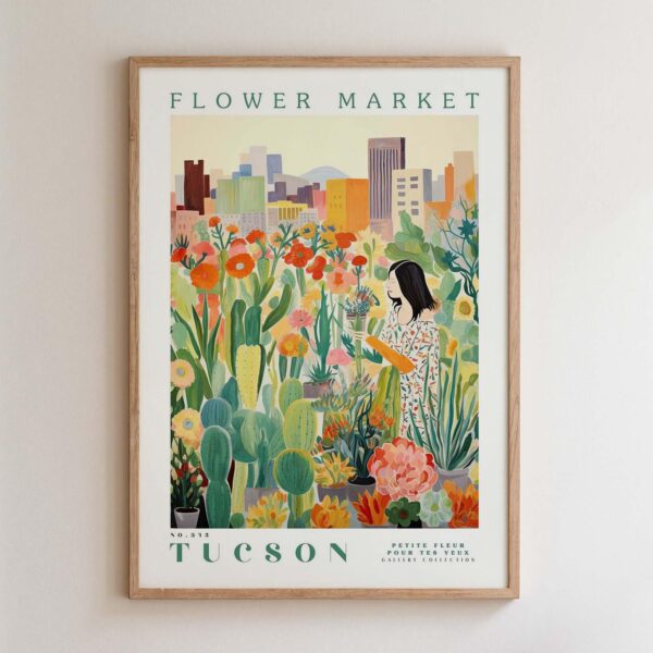 Tucson Flower Market Wall Art Print shown in a styling frame. Frame and accessories are not included.