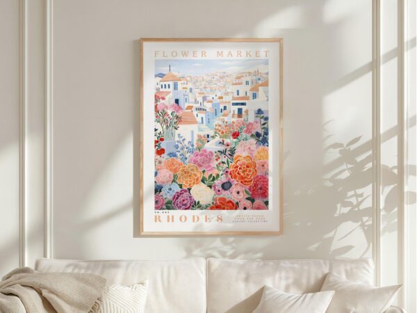 Rhodes Flower Market Wall Art Print shown in a styling frame. Frame and accessories are not included.