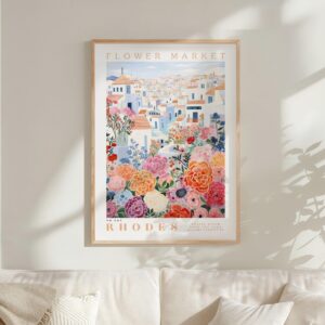Rhodes Flower Market Wall Art Print shown in a styling frame. Frame and accessories are not included.