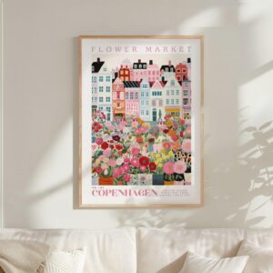 Copenhagen Flower Market Wall Art Print shown in a styling frame. Frame and accessories are not included.