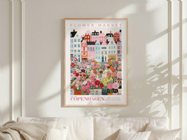 Copenhagen Flower Market Wall Art Print shown in a styling frame. Frame and accessories are not included.